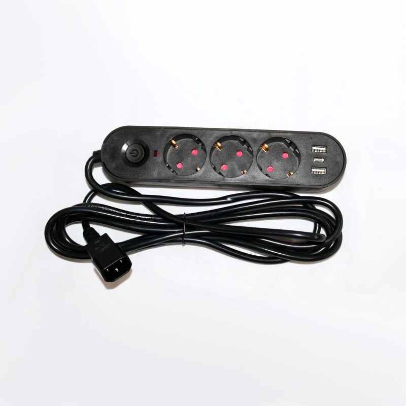 Bloco de Tomadas 3 Way – 3m – com Interruptor – Preto – 2x USB