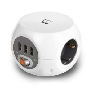 Tomada Tripla Ewent + 3 USB 2.4A – 1,5m, Branco