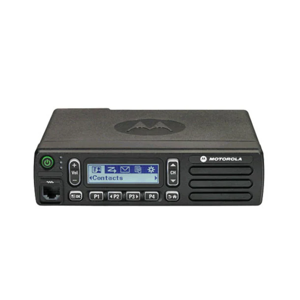 Rádio bidirecional VHF ou UHF analógico e móvel Motorola DM1600 (veicular, base) completo com microfone, cabo de alimentação e suporte de montagem de rádio.